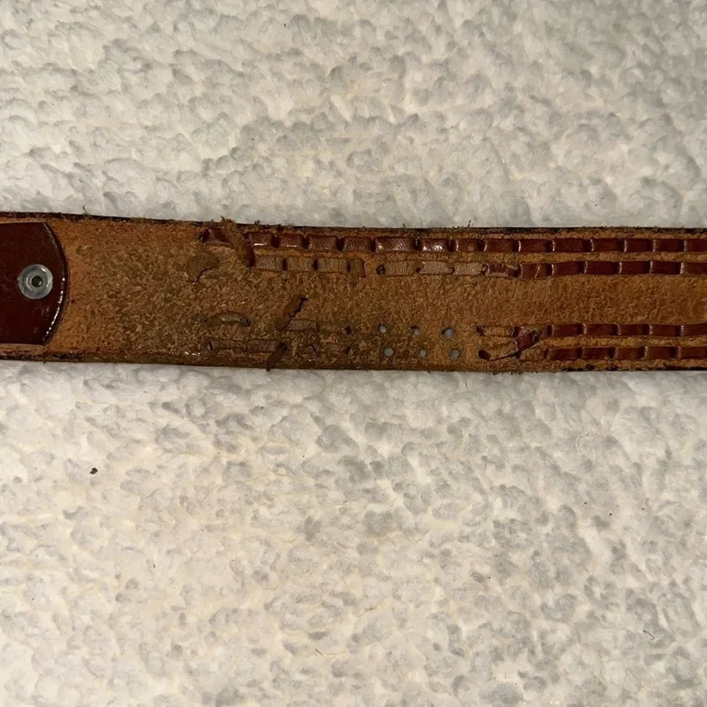 Vintage 44 Brown Gold Tone Buckle Tooled Braided Leather Belt x RED Embossed